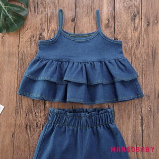Mg-toddler Girl Trang phục Denim mùa hè, Áo hai dây xù không tay + Quần ống rộng lưng cao Trang phục màu xanh