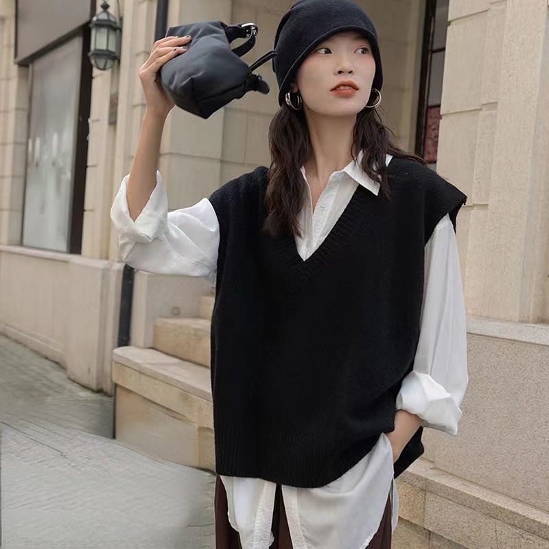 Plus Size Áo Vest Dệt Kim Nữ Gấp Mặc Rời Bên Trong Màu Trơn Mới Hàn Quốc