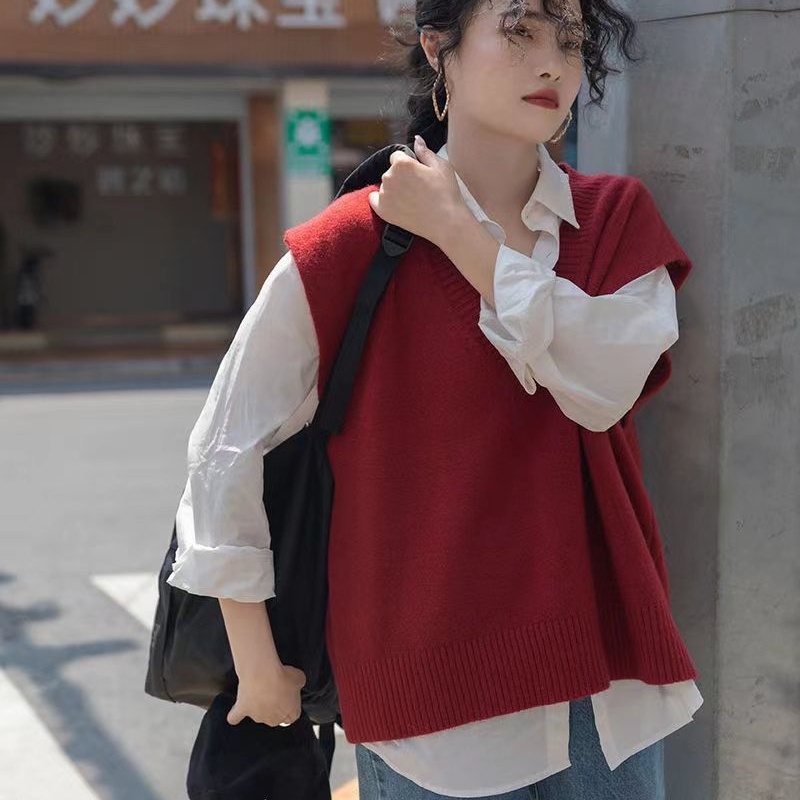 Plus Size Áo Vest Dệt Kim Nữ Gấp Mặc Rời Bên Trong Màu Trơn Mới Hàn Quốc