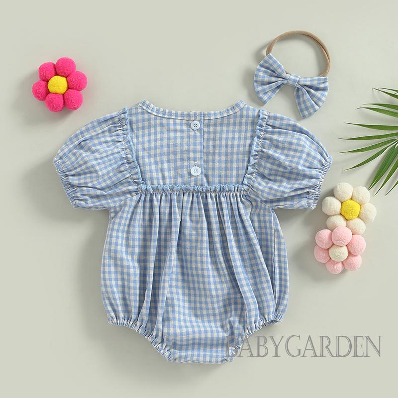 Bộ Áo Liền Quần Tay Phồng Ngắn In Họa Tiết Kẻ Sọc + Băng Đô Cài Tóc Xinh Xắn Cho Bé Gái 0-18