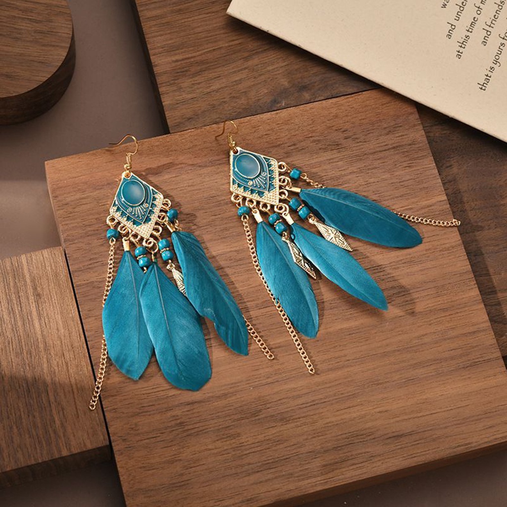 1 Đôi Bông Tai Hình Chữ Nhật Đính Lông Vũ Tua Rua Phong Cách Bohemian