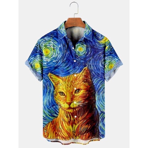 Áo Sơ Mi Tay Ngắn Dáng Rộng Họa Tiết Tranh Van Gogh 2023 Thời Trang Vintage Cho Nam