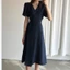 Suxi Phong Cách Hàn Quốc Cổ Chữ V Ôm Vừa V Phối Thắt Lưng Midi Đầm Dài Vừa Tay Ngắn