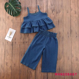 Mg-toddler Girl Trang phục Denim mùa hè, Áo hai dây xù không tay + Quần ống rộng lưng cao Trang phục màu xanh