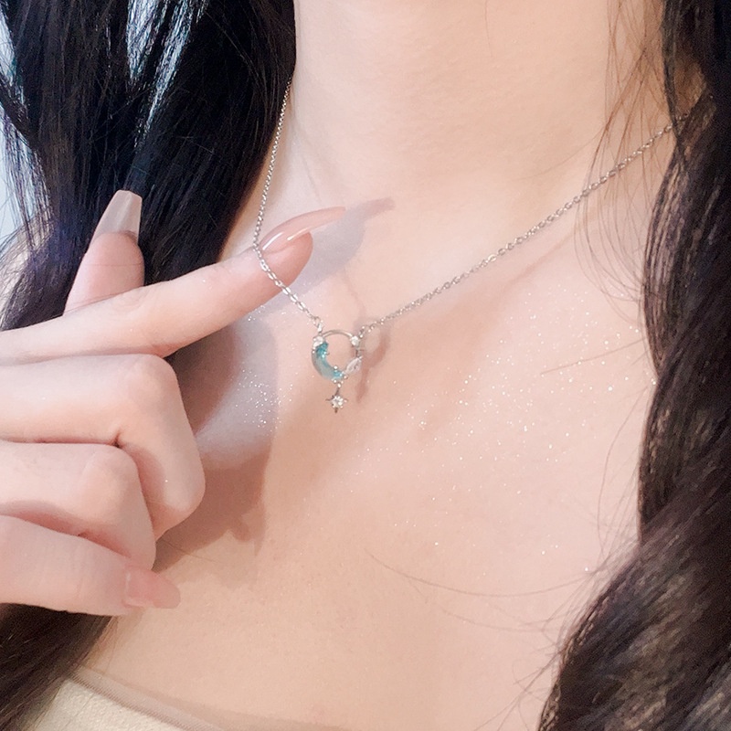 Ảnh Vòng cổ Mạ Bạc 17KM Mặt Trăng Và Ngôi Sao Đính Đá Zircon Xanh 17KM 2