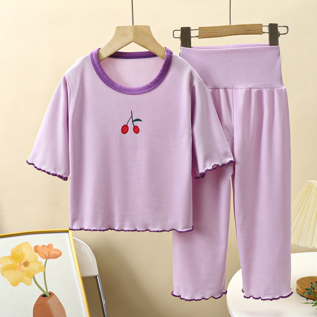 Phong Cách Mới Bé Gái Homewear Phù Hợp Với Mật Ong Mầm Ren Bé Gái Tay Ngắn Dễ Thương Bé Gái Trẻ Em Phù Hợp Với Mùa Hè