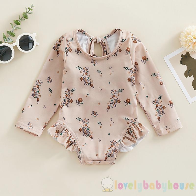 Bộ Đồ Bơi Nhún Bèo Tay Dài Họa Tiết Hoa Dễ Thương Cho Bé Gái