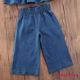 Mg-toddler Girl Trang phục Denim mùa hè, Áo hai dây xù không tay + Quần ống rộng lưng cao Trang phục màu xanh