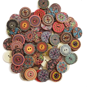 Set 50 Nút Gỗ 2 Lỗ 15 / 20 / 25mm In Họa Tiết Phong Cách Retro