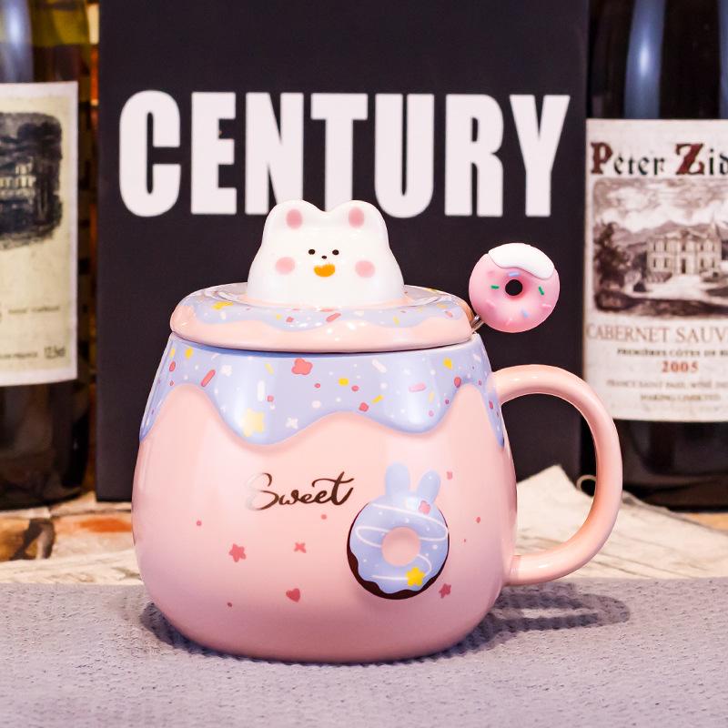 Cốc Sứ Thỏ Donut Cute 400ml Có Nắp 3D Và Thìa Khuấy - Ly Hoạt Hình Dễ Thương Quà Tặng Trẻ Em Bạn Gái Văn Phòng
