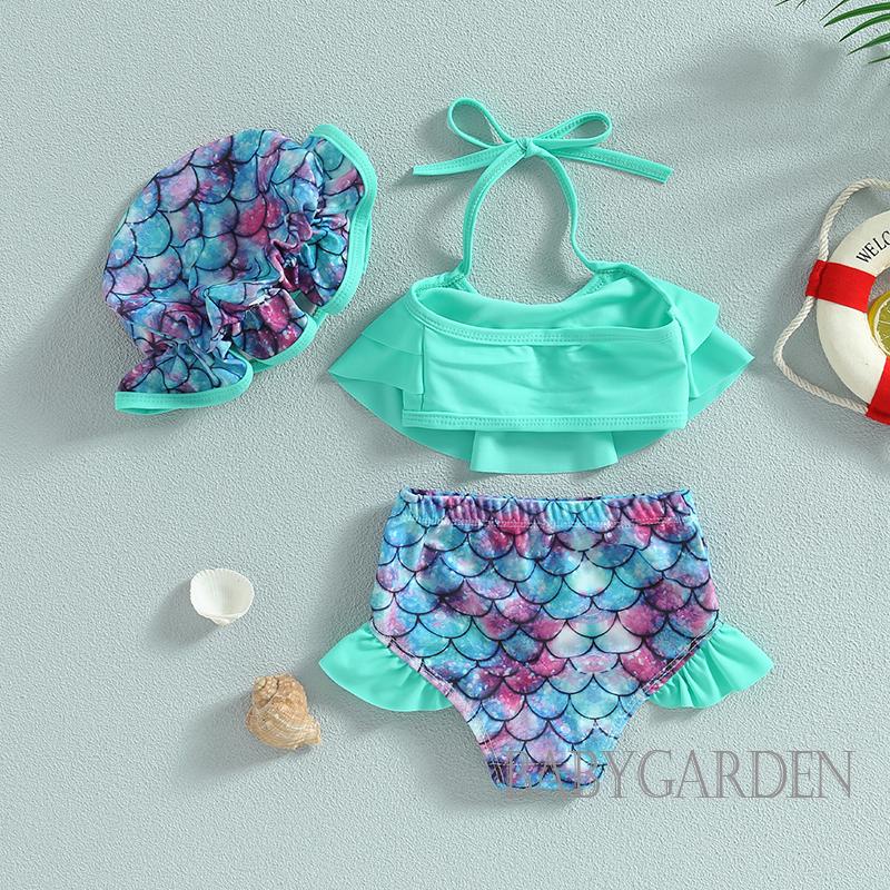 Bộ Đồ Bơi Bikini Gồm Áo Không Tay Và Quần Ngắn Có Nón Dành Cho Bé Gái 9 Tháng-4 Tuổi