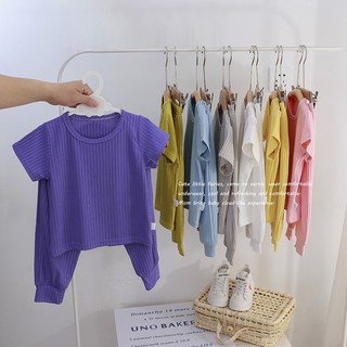 0-16Years Bộ Đồ Ngủ Trẻ Em Hạt Dọc Màu Trơn Bộ Đồ Ngủ Mềm Mại Bé Trai Bé Gái Tay Ngắn Mặc Ở Nhà