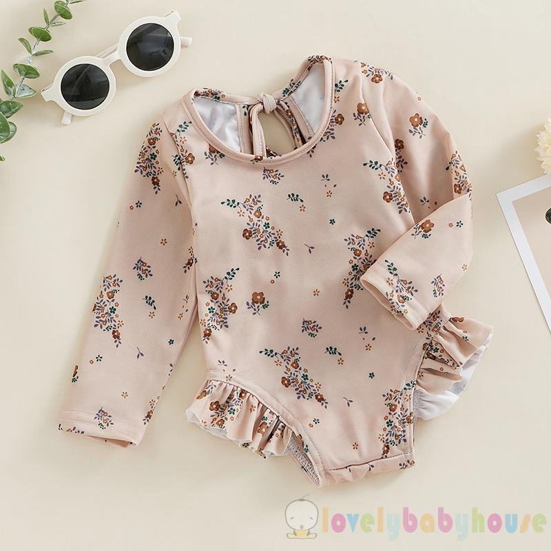 Bộ Đồ Bơi Nhún Bèo Tay Dài Họa Tiết Hoa Dễ Thương Cho Bé Gái