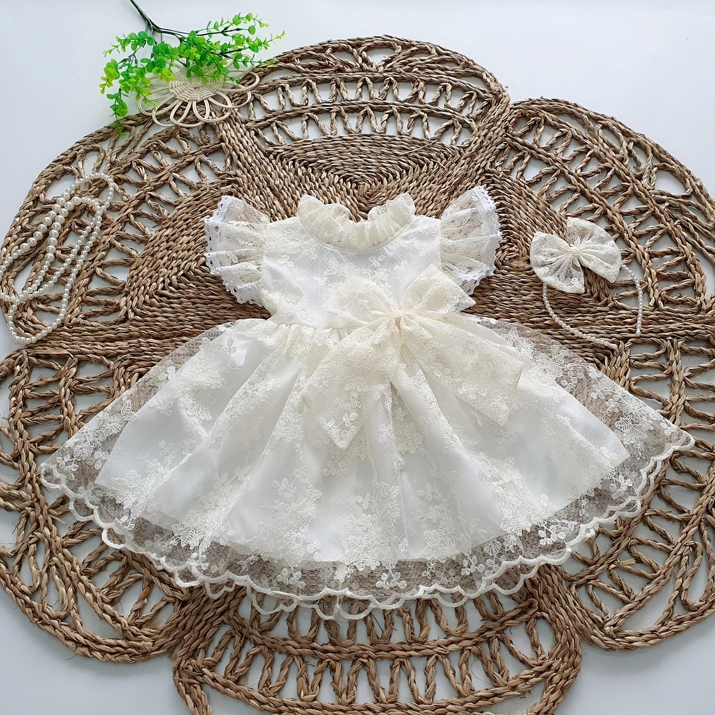 Set váy công chúa bé gái kèm nơ cài MINTSCLOSET Mints Closet váy trắng ren khoét lưng cho bé gái 1 2 3 4 tuổi - GS1151