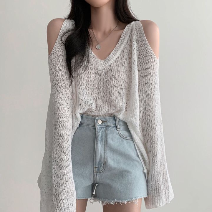 Áo dệt kim SUXI chống nắng dáng rộng cổ chữ V hở vai phong cách Hàn Quốc cho nữ