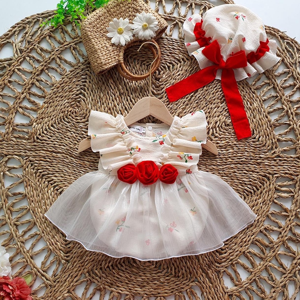 Set body váy bé gái hoa nhí kèm nón MINTSCLOSET Mints Closet váy trắng đính hoa đỏ bé gái sơ sinh 1 2 3 tuổi - BV7045