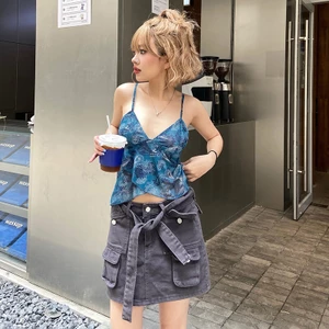 KLALIEN Áo Croptop Hai Dây Cổ Chữ V In Họa Tiết Hoa Thời Trang Mùa Hè Cho Nữ