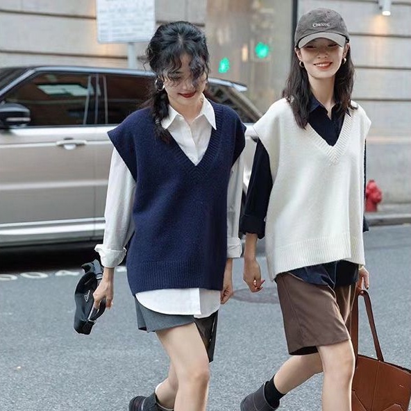 Plus Size Áo Vest Dệt Kim Nữ Gấp Mặc Rời Bên Trong Màu Trơn Mới Hàn Quốc