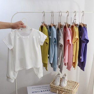 0-16Years Bộ Đồ Ngủ Trẻ Em Hạt Dọc Màu Trơn Bộ Đồ Ngủ Mềm Mại Bé Trai Bé Gái Tay Ngắn Mặc Ở Nhà