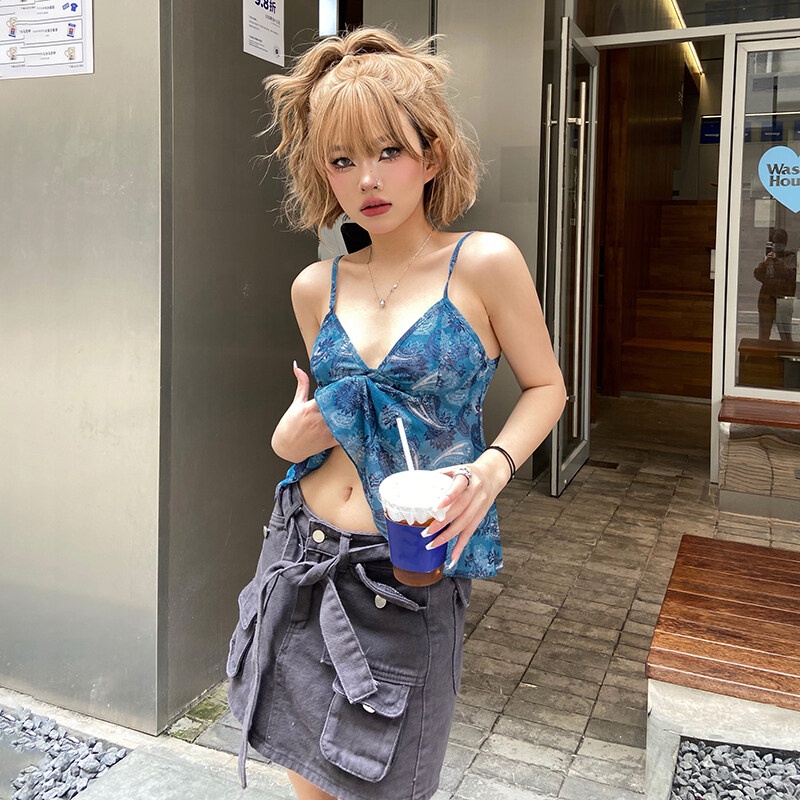 KLALIEN Áo Croptop Hai Dây Cổ Chữ V In Họa Tiết Hoa Thời Trang Mùa Hè Cho Nữ