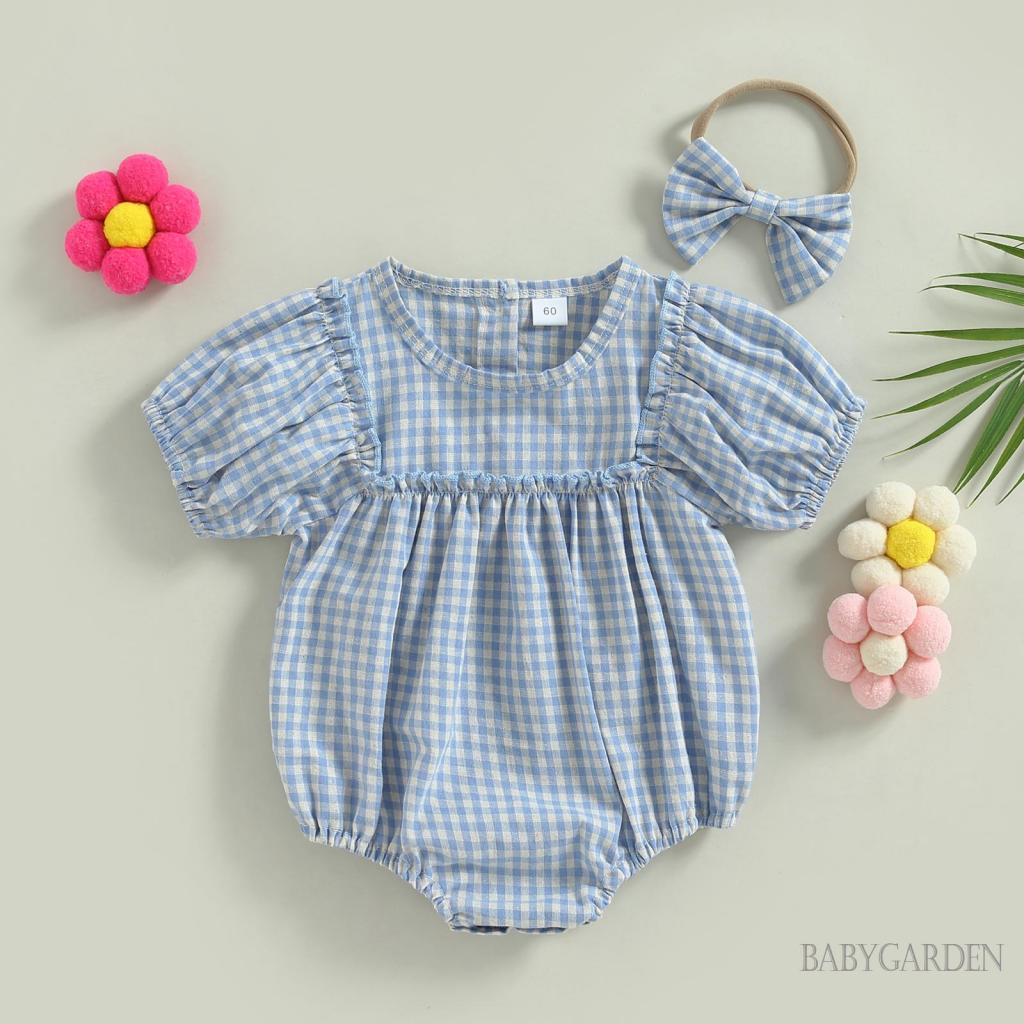 Bộ Áo Liền Quần Tay Phồng Ngắn In Họa Tiết Kẻ Sọc + Băng Đô Cài Tóc Xinh Xắn Cho Bé Gái 0-18