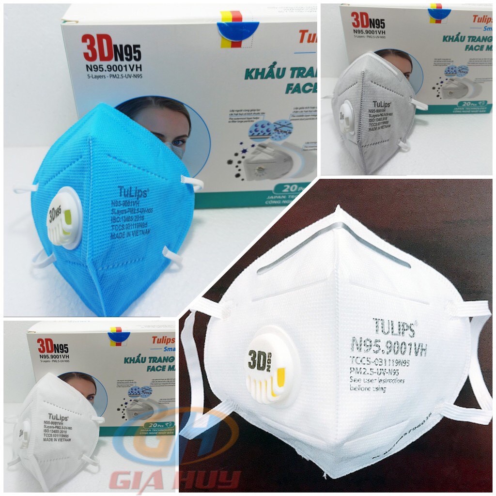 Combo 5 Khẩu Trang Y Tế Face Mask 3D N95 Tulips có Van thở Ôm Khít Vùng Mũi Kháng Khuẩn Cao