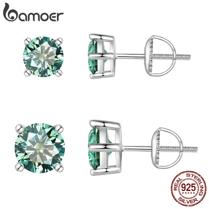 Bamoer Bông Tai bạc 925 Đính Đá Xanh Lá 2 Kích Cỡ mse003
