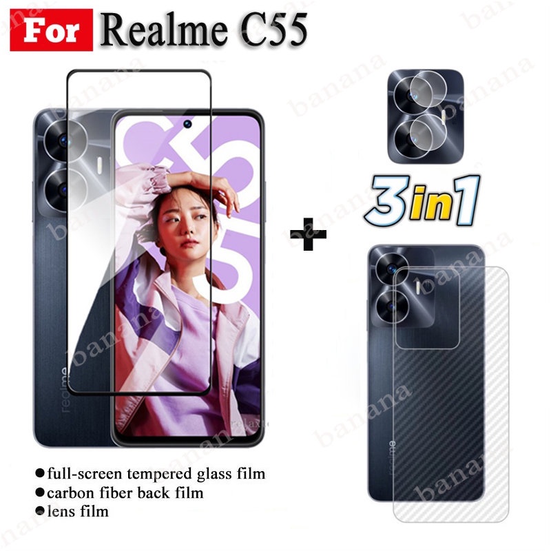 3in1 Oppo Realme C55 Kính Cường Lực Full Cover Phim Cho Realme C35 C33 C31 C30S C21Y C25 C20 C11 2021 C12 C15 Bảo Vệ Màn Hình Kính Ống Kính Máy Ảnh