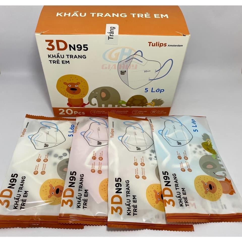 Hộp 20 cái khẩu trang 3D N95 Kids có van Tulips cho bé 1-6 tuổi