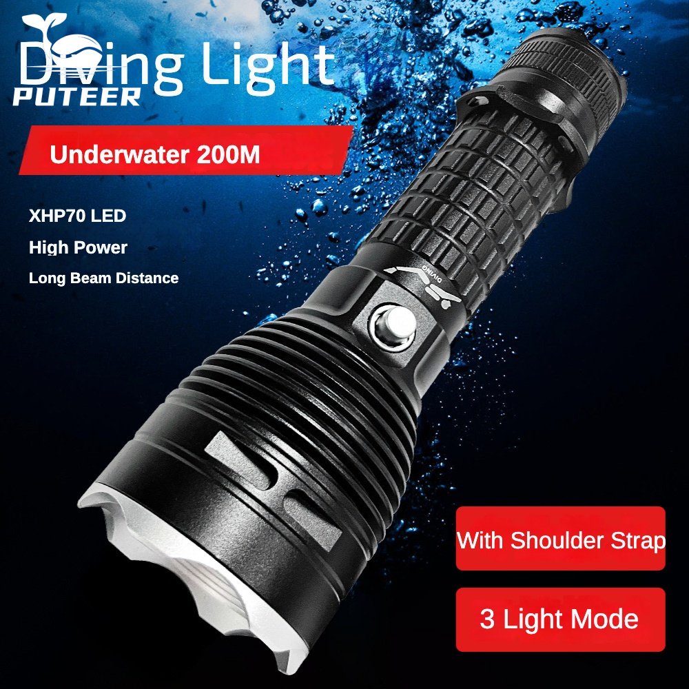 Đèn lặn Puteer D51 4000LM XHP70 LED, chống nước sâu 100m, dây đeo vai điều chỉnh, công suất 30W mạnh mẽ