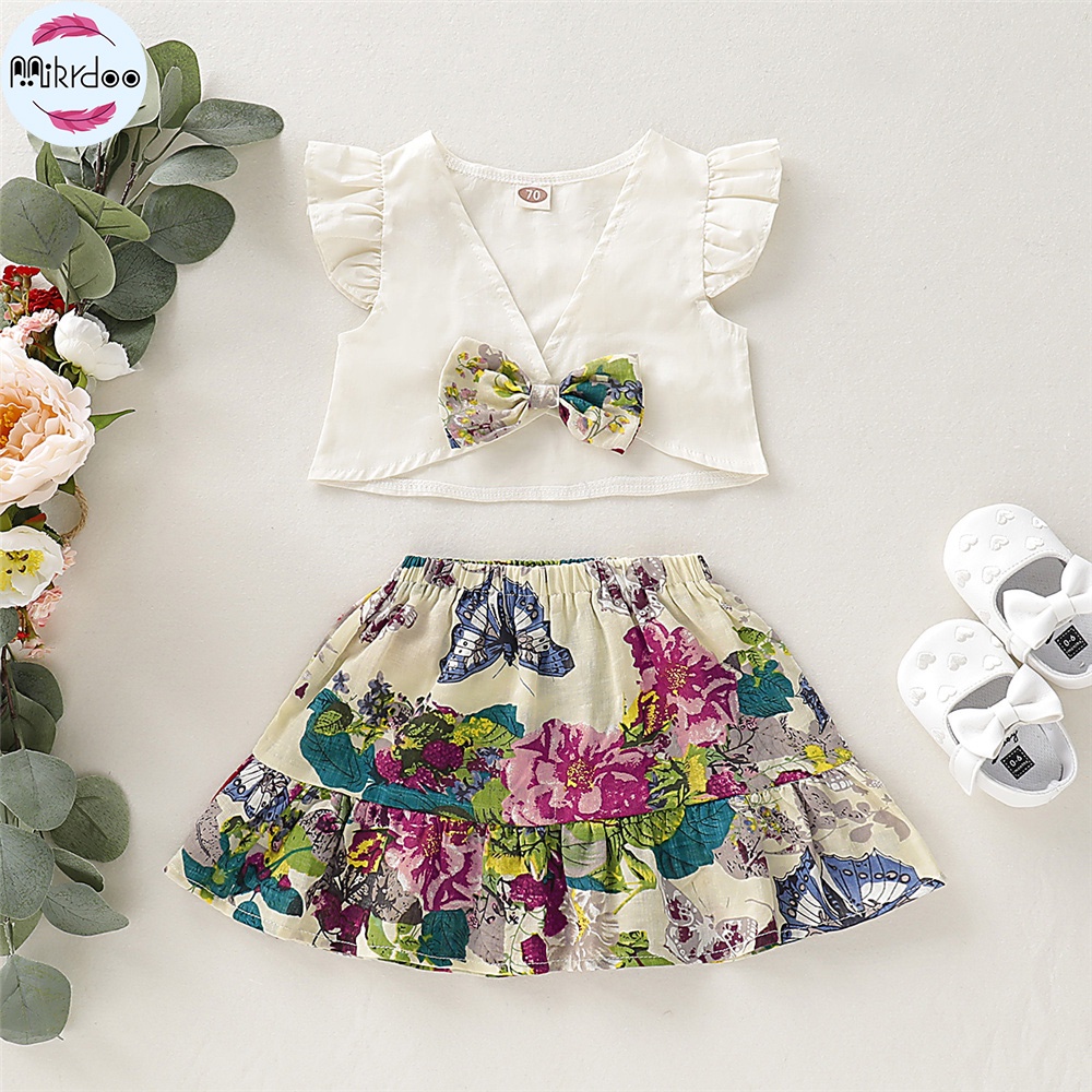 Set đồ mùa hè 2 món MIKRDOO gồm áo tay bay và chân váy hoa đáng yêu cho bé gái 1-4 tuổi
