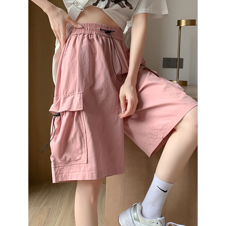 Ngọt Ngào Mát Hồng Quần Short Làm Việc Nữ Mùa Hè Mỏng Nhanh Khô Thường Ngày Quần Ống Rộng Rời Thẳng Crop Quần Short