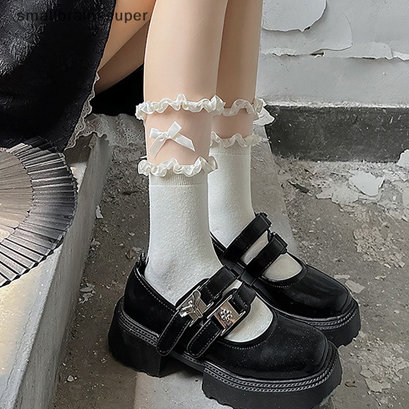 Smallbrainssuper 1 Đôi Tất Cotton Mỏng Phối Ren Đính Nơ Thời Trang Xuân Thu Thoáng Khí