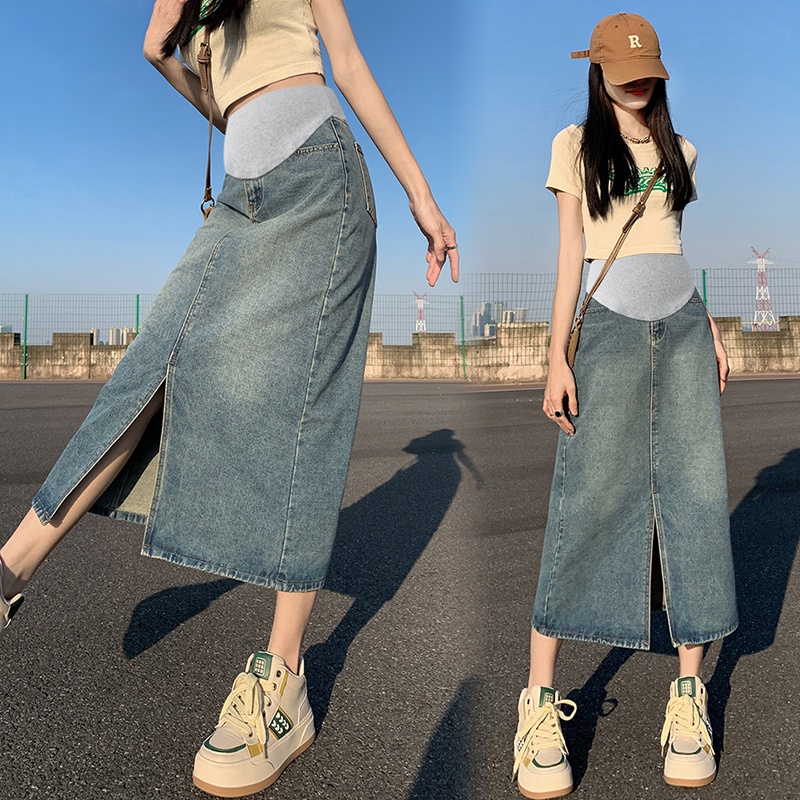 Chân Váy Denim Dáng Rộng Xẻ Tà Thời Trang Mùa Hè Cho Mẹ Bầu