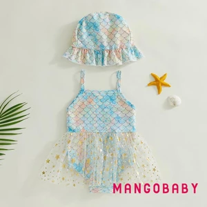 Mgg-toddler Bé Gái Mùa Hè Thường Ngày Đồ Bơi Không Tay Cá Quy Mô In Tutu Bộ Đồ Tắm Có Mũ