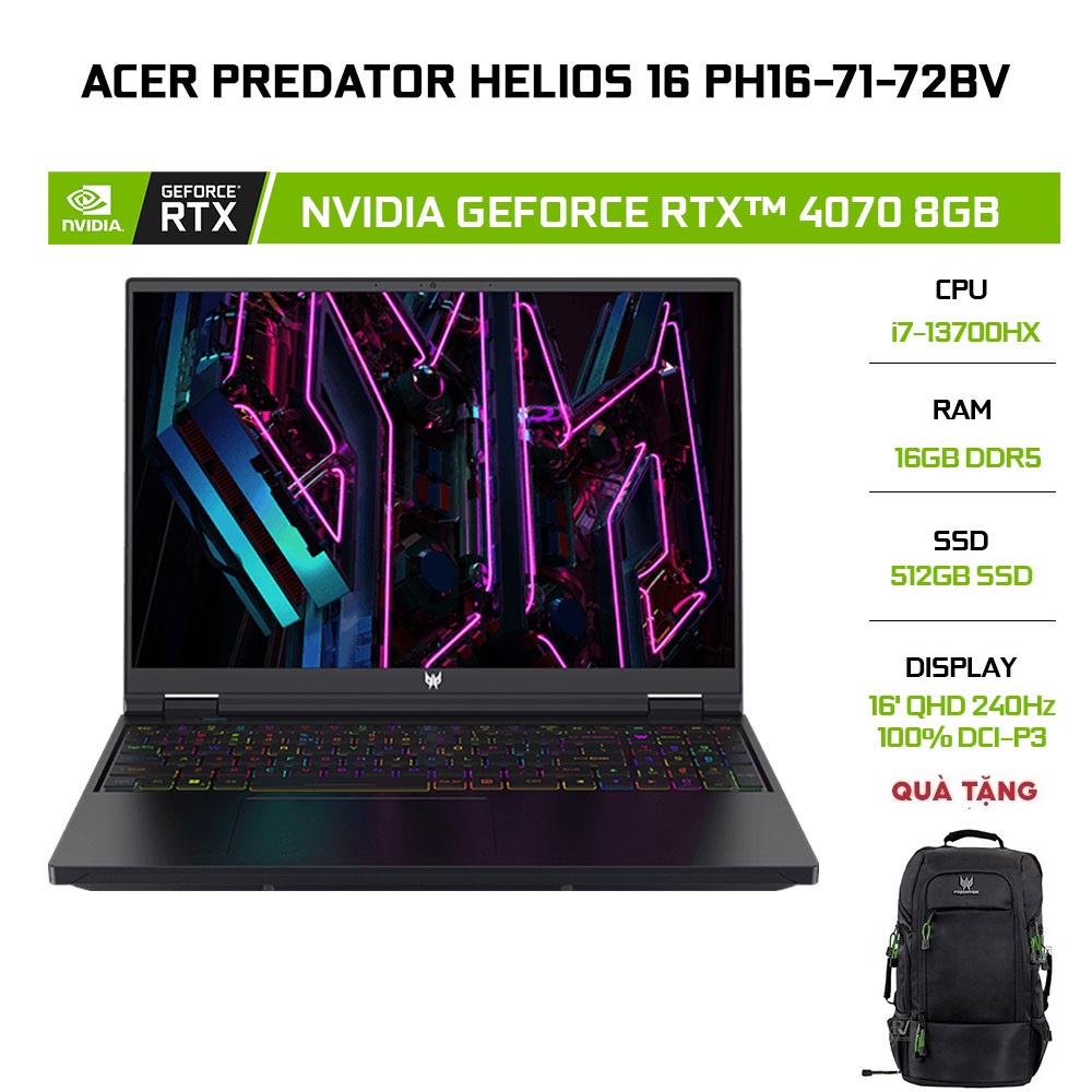 [Mã ELCL12 giảm 12% đơn 10TR] Laptop Acer Predator Helios 16 PH16-71-72BV (i7-13700HX16G512GRTX™ 4070 8G16)