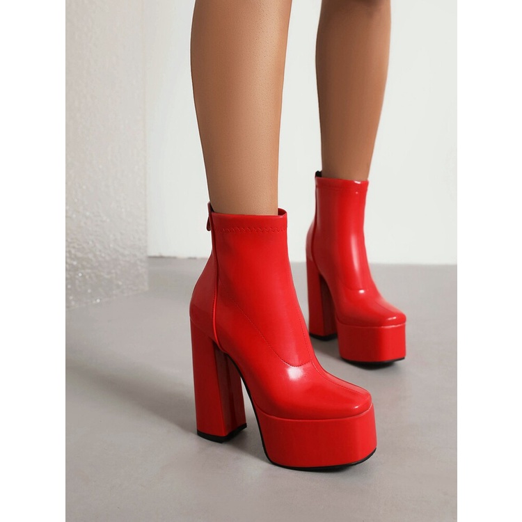 Giày Bốt Cao Gót Cổ Ngắn Chất Liệu Da Bóng Dày Dặn Thời Trang Thu Đông Quyến Rũ Cho Nữ Size 34-43