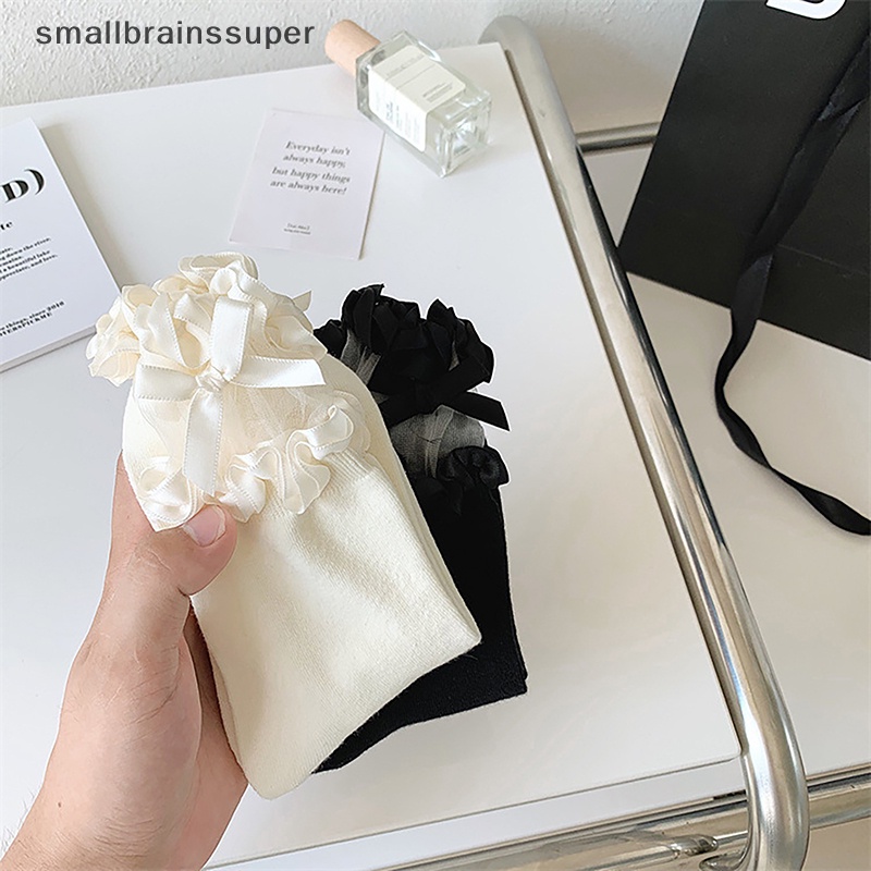 Smallbrainssuper 1 Đôi Tất Cotton Mỏng Phối Ren Đính Nơ Thời Trang Xuân Thu Thoáng Khí