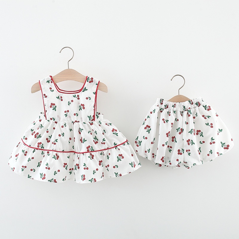 Bộ áo babydoll quần bí họa tiết cherry cho bé gái từ 1 2 3 4 5 tuổi Mints Closet MINTSCLOSET - GA2137