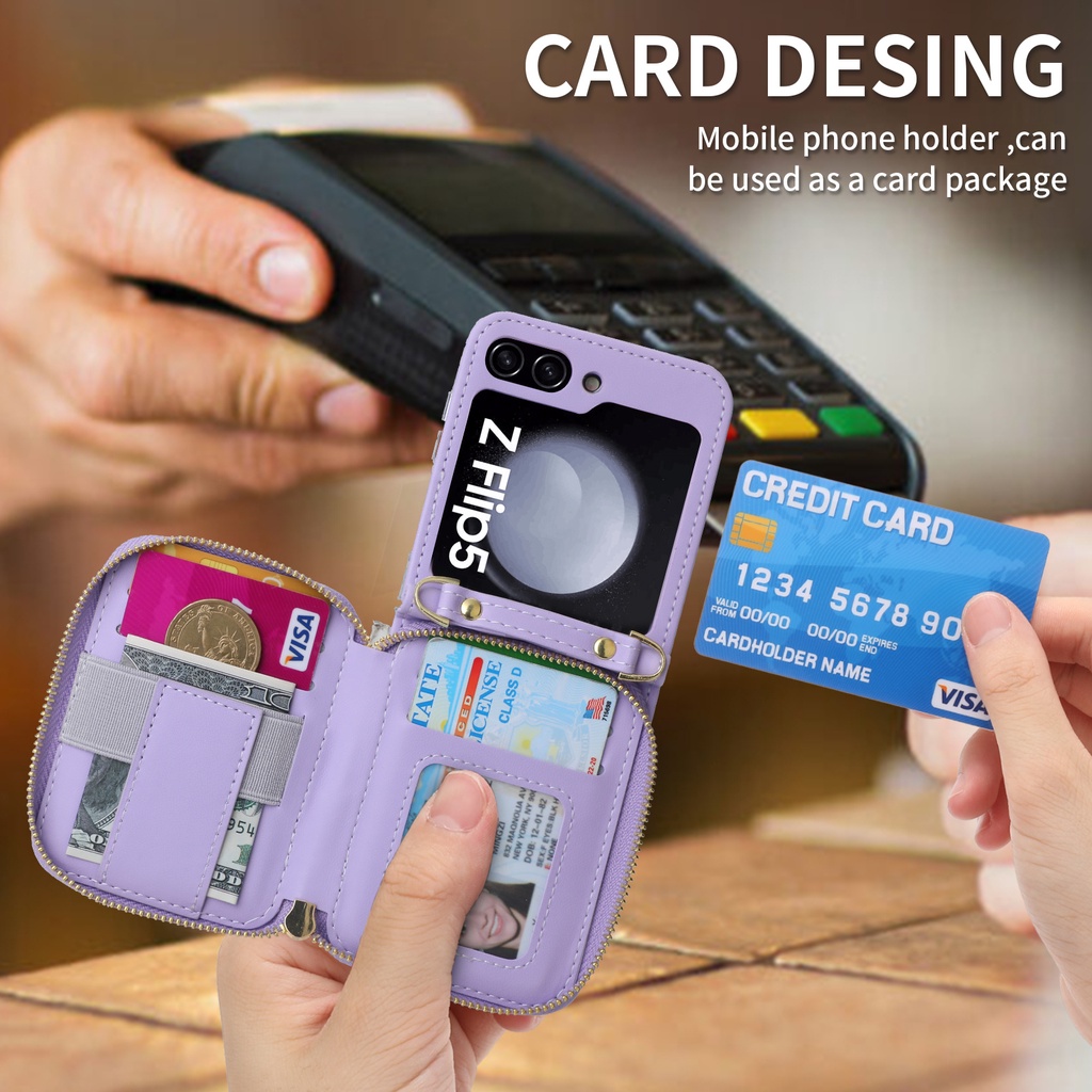 Ốp Điện Thoại Ví Đeo Ngang Galaxy Z Flip 6 5 4 3 Cho Samsung Flip6 Flip5 Flip4 5G Dây Kéo Khe Cắm Thẻ Ví Dây Đeo Da Bao Da
