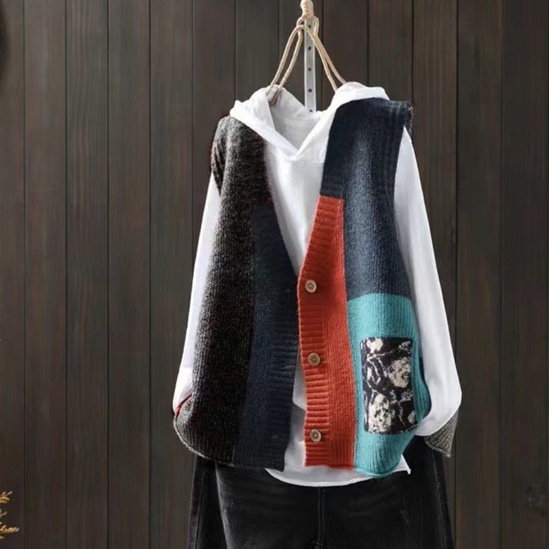 Plus Size Dệt Kim Áo Vest Nữ Cổ Chữ V Không Tay Ve Áo Lớp Phủ Retro