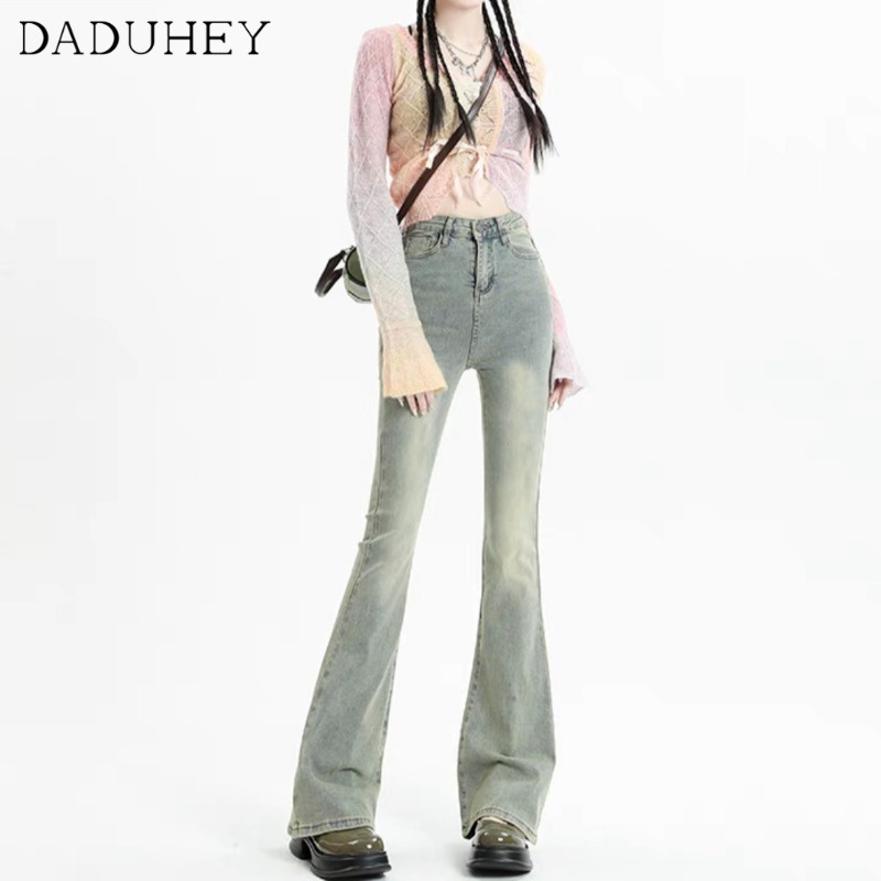Ảnh DaDuHey New American Style Retro Yellow Mud Jeans Women's High Waist Elastic Flared Pants Large Size Trousers 2