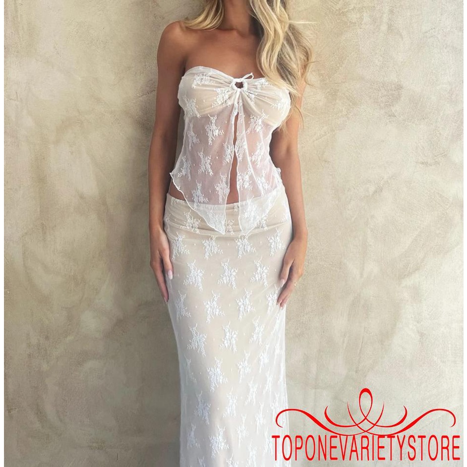 Topone-nữ Gợi Cảm 2 Mảnh Trang Phục Váy Bộ Vai Không Dây Ren Nhìn Xuyên Qua Ống Top Lưới Váy Dài Bộ