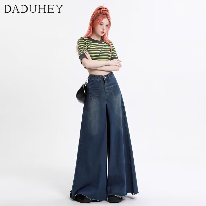 Ảnh Quần jean DADUHEY lưng cao ống rộng viền thô phong cách Hàn Quốc size lớn thời trang mới 2