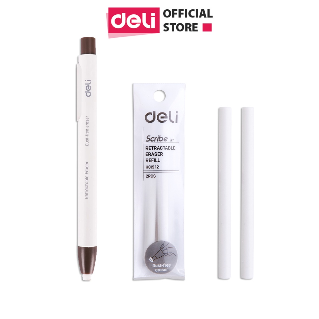 Tẩy chì 2B dạng bút bấm Deli - Có bán lõi thay - Thân màu trắng nâu - Tẩy sạch, ít vụn - Dễ cầm, tiện dụng