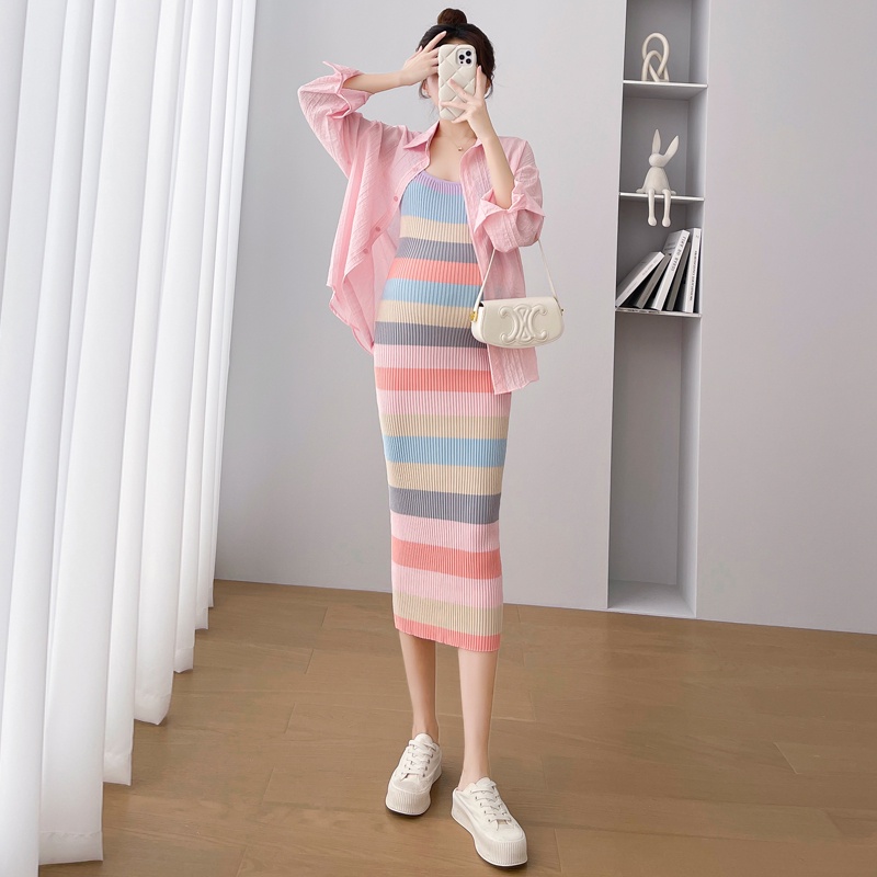 Set Áo Thun Ngắn Tay + Váy Yếm Kẻ Sọc Thời Trang Cho Mẹ Bầu