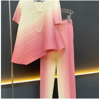 Bộ Trang Phục Hai Mảnh Mùa Hè xiaoxiang Thời Trang Đơn Giản  miyake Xếp Ly Màu gradient Sống Động Sang Trọng