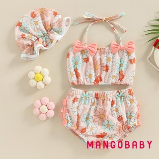 Mgg-bộ đồ bơi ba mảnh cho bé gái, Bộ Bikini dây in hoa Bộ đồ tắm có mũ bơi