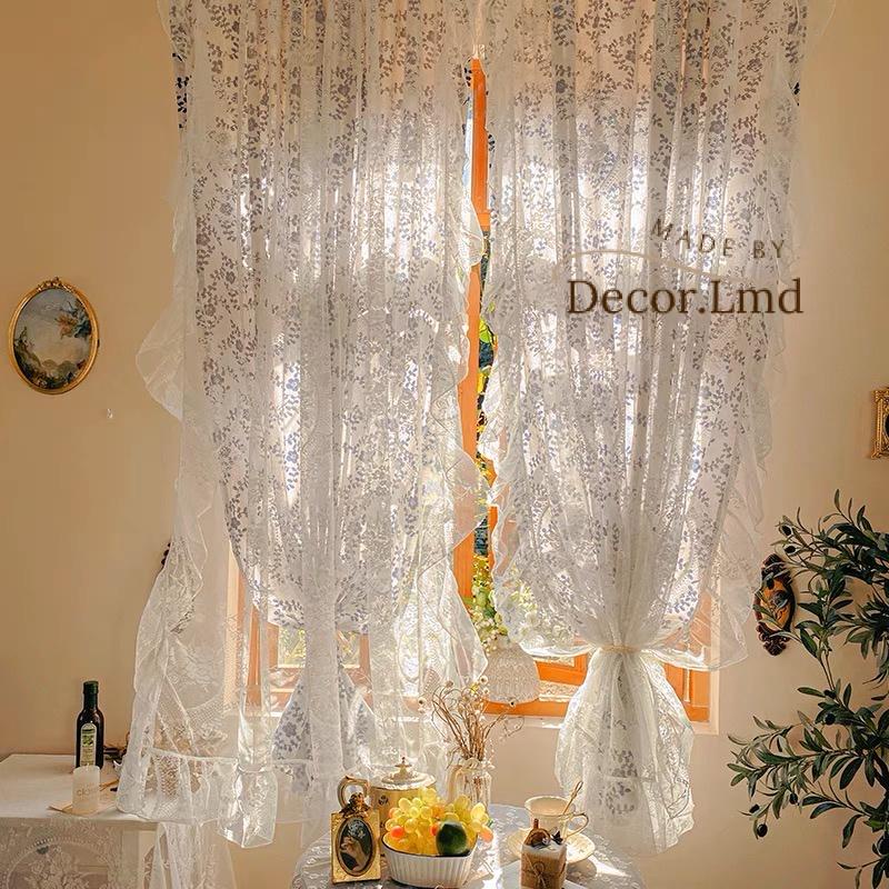 Rèm cửa sổ hoa xanh trắng 2 lớp nhún bèo ren decor trang trí phòng ngủ ...