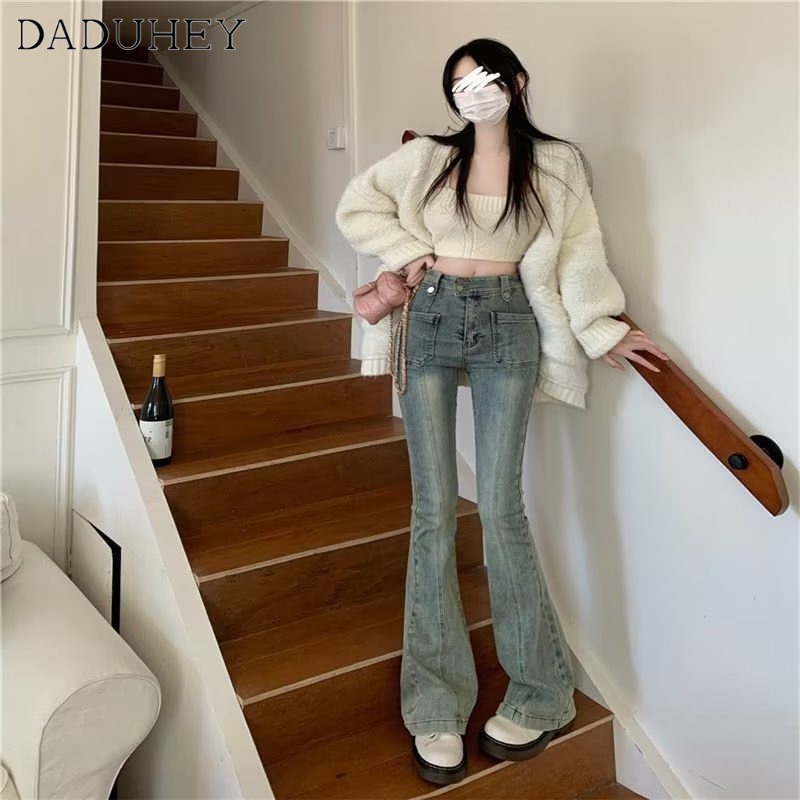 Ảnh DaDuHey New American Style Ins High Street Workwear Jeans Niche High Waist Slightly Flared Pants plus Size Trousers 3